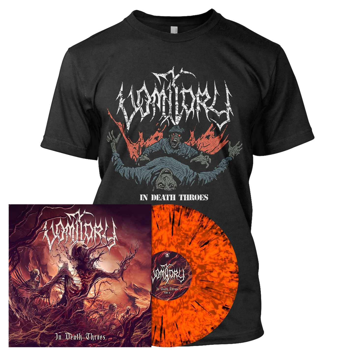 Vomitory - In Death Throes | Neon-Orange/Black Dust Splatter Vinyl Bundle