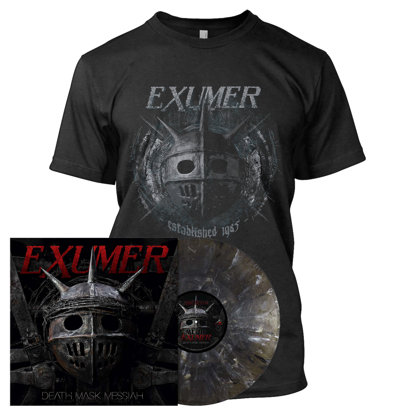Exumer - Death Mask Messiah | Onyx Black Ice w/White Splatter Vinyl Bundle